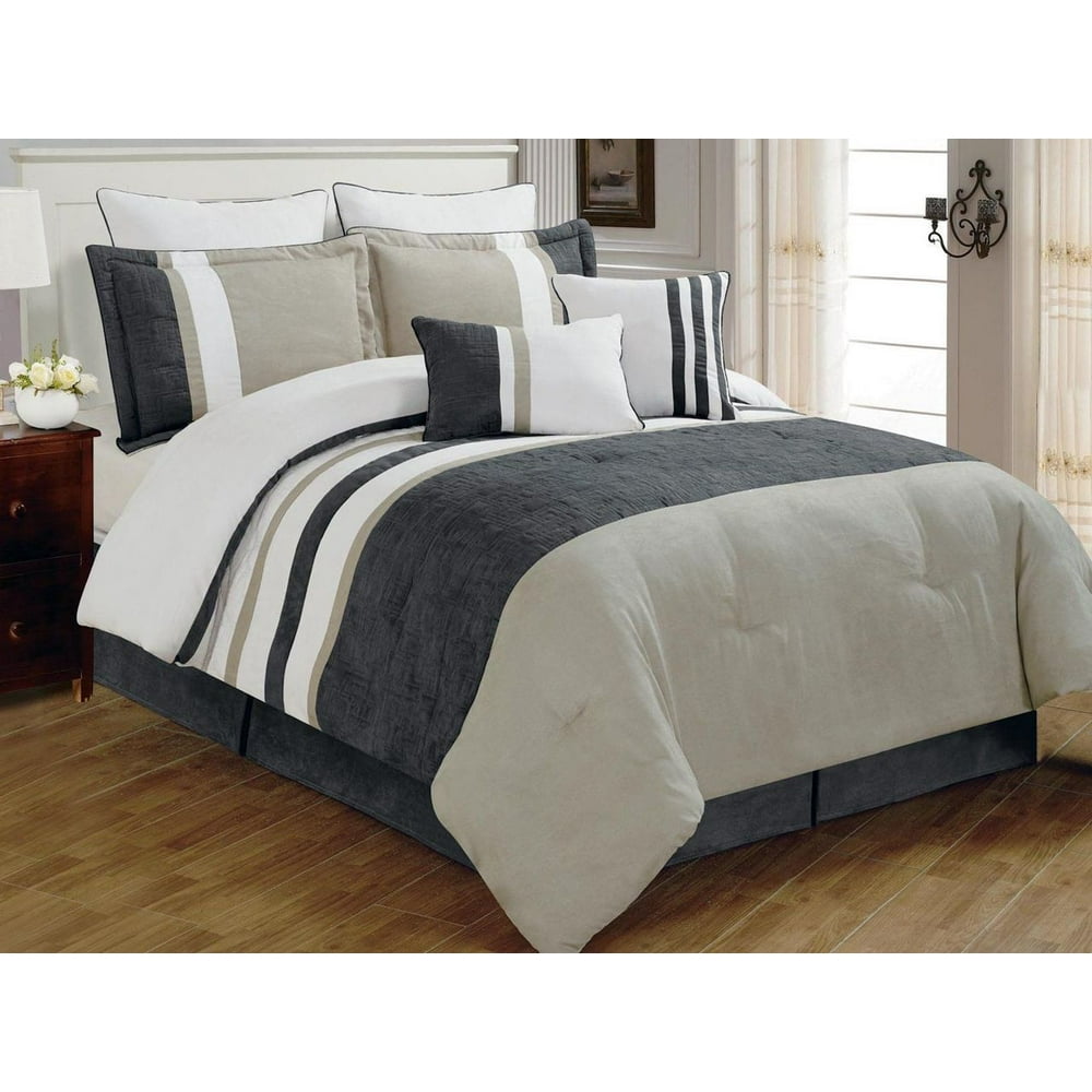 8 PC Grey, Beige and White Striped Micro Suede Comforter Set Queen Size