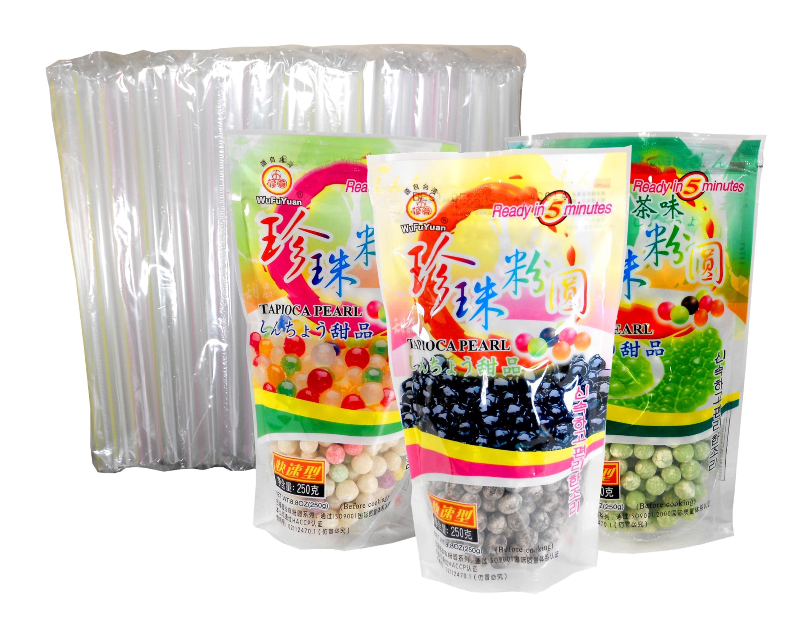 WuFuYuan Boba Tapioca Pearls 3Pack Variety (Black, Color, Green Tea