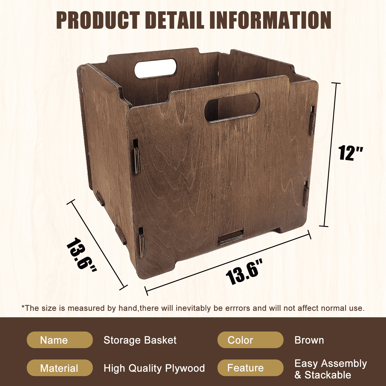 Solid Wood Foldable Storage Basket,Stackable Wooden Crate with Handles for Home Organization,Easy Assembly Decorative Wood Bin,13.6 in x 13.6 in x 12 in,2PC