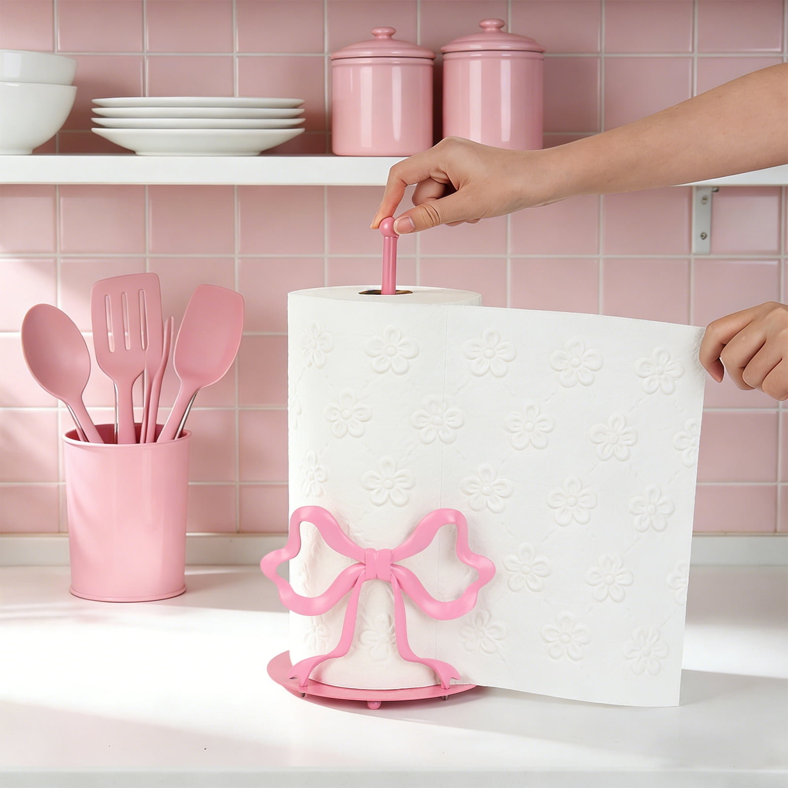 Wanchiy Pink Bow Paper Towel Holder, Countertop Paper Towel Rack for Bathroom, Dining Table & Home Décor,Decorative Kitchen Tissue Stand,Housewarming Gift
