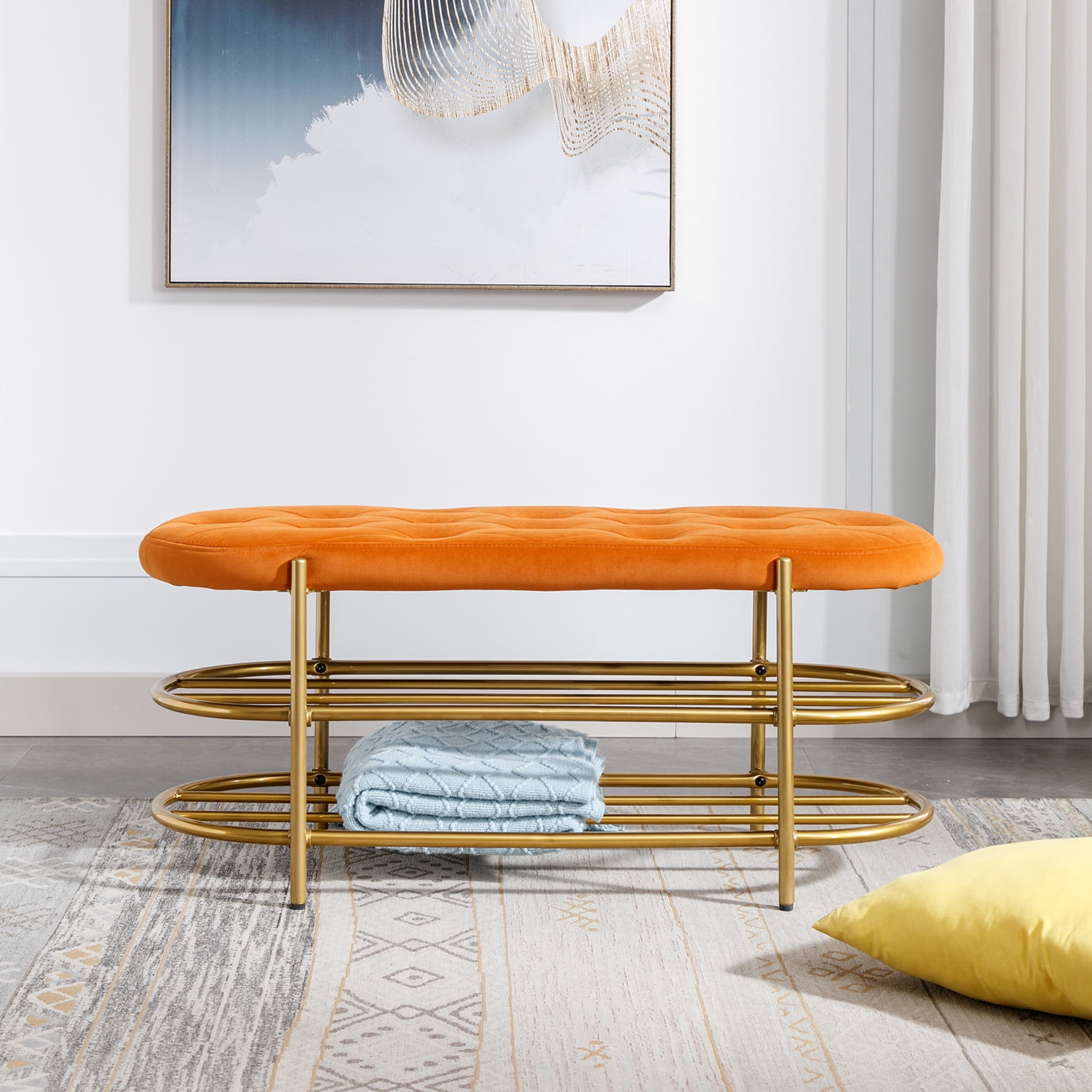 Kepooman Orange Beach, Upholstered End of Bed Bench with 2 Shelf, Velvet Storage Beach for Living Room Kepooman Orange Beach, Upholstered End of Bed Bench with 2 Shelf, Velvet Storage Beach for Living Room
