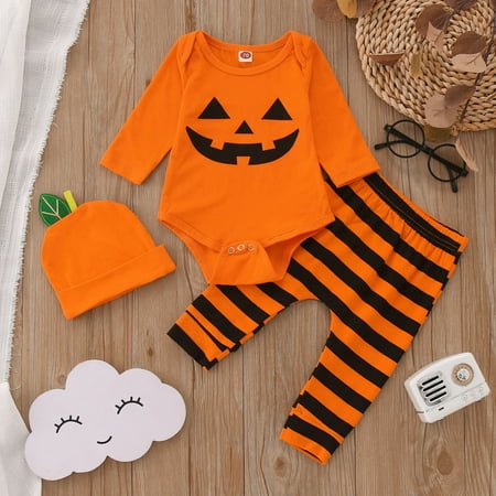 

Toddler Boys Outfit Sets Winter Long Sleeve Pumpkins Romper Striped Pants With Hat Three Piece S Suits Clothes Set