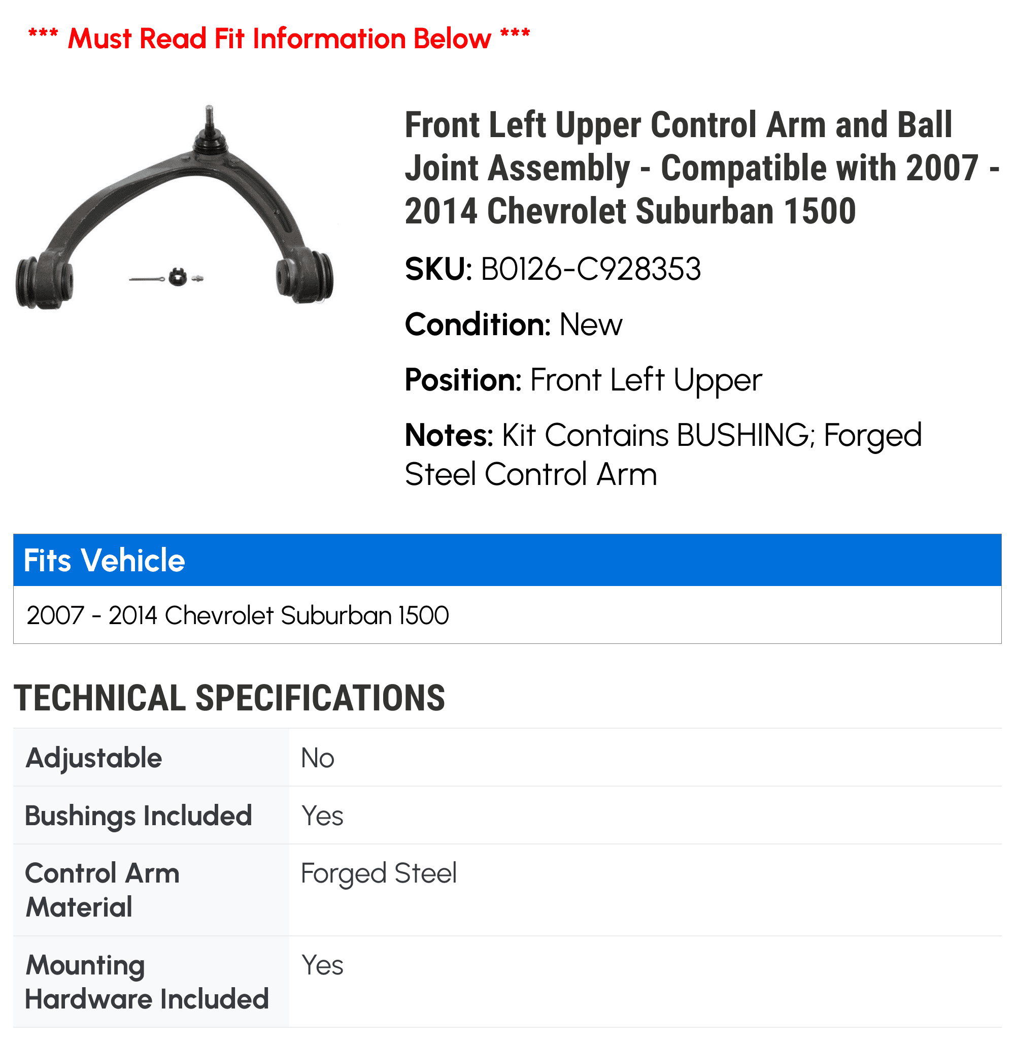 Front Left Upper Control Arm and Ball Joint Assembly - Compatible with 2007 - 2014 Chevrolet Suburban 1500 - Moog
