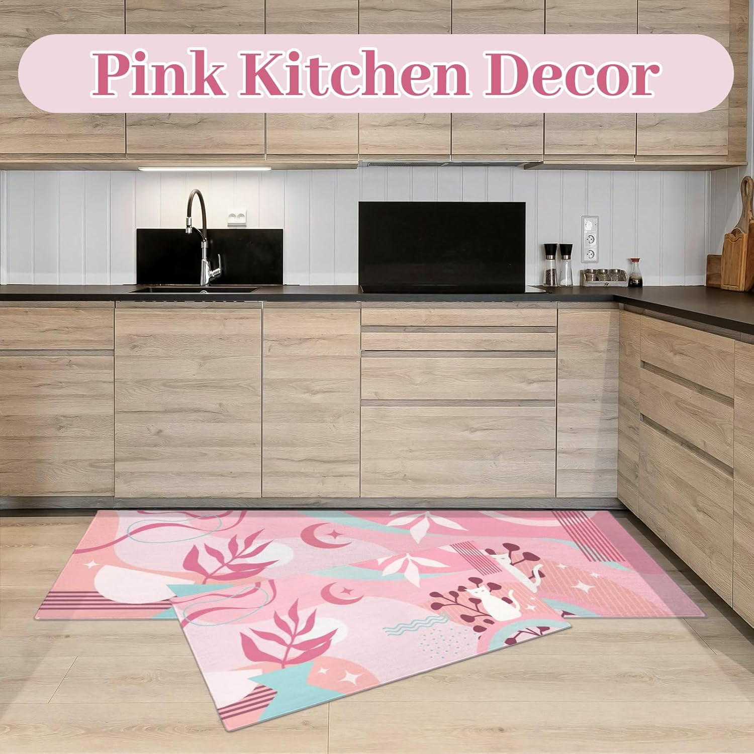 Boho Pink Kitchen Mats for Floor Set of 2, Cat Abstract Floor Mat Carpet Runner Area Rug Washable, Pink Home Kitchen Decor and Accessories Stuff, 17x30 and 17x47 Inch
