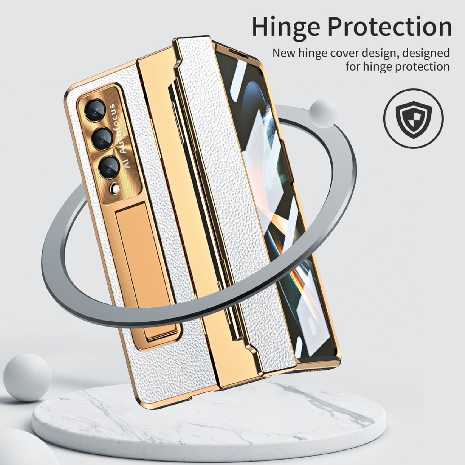 Dteck for Samsung Galaxy Z Fold 4 Case with Screen Protector, Hinge Protection Case Full Body PC Protective Phone Case with Kickstand for Samsung Galaxy Z Fold4 5G,Gold+White