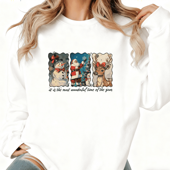 Christmas Graphic Tee T-Shirt Retro Christmas Santa Snowman Reindeer Print Top Round-neck long-sleeved White S-3XL
