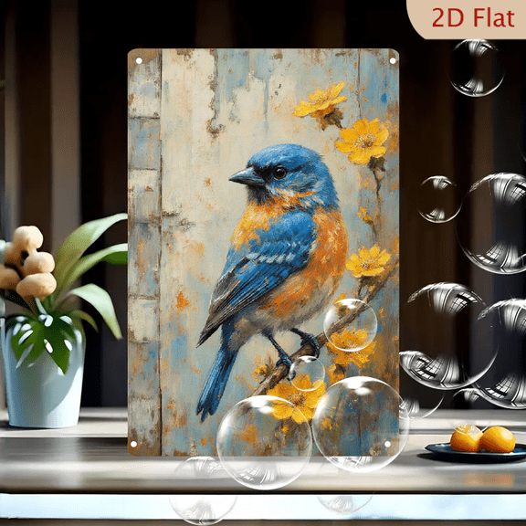 Rustic Eastern Bluebird on Yellow Flower Branch, 8x12 inch Vintage Wood Textured Metal Wall Art Print with Soft Blue Background