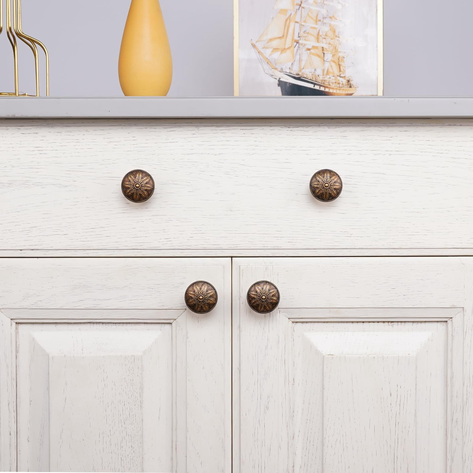 4 Pack Antique Brass Cabinet Knobs Vintage Dresser Knobs Drawer Knobs,1.4" Round Vintage Kitchen Cabinet Knobs Handles for Cabinets and Dresser Drawers Rustic