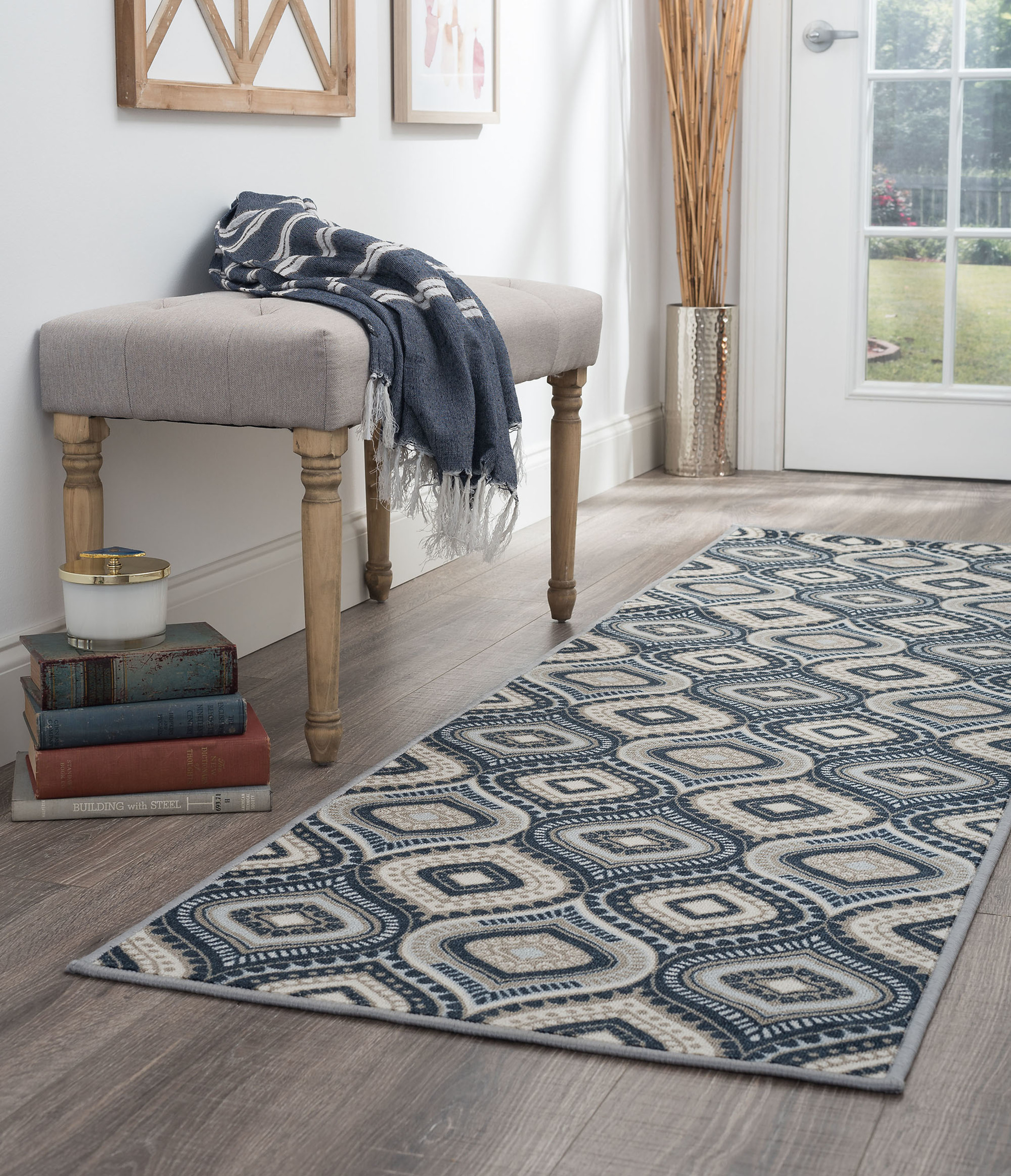 Contemporary 2x8 Area Rug (2'3'' x 7'6'') Geometric Navy, Taupe Indoor Runner Easy to Clean