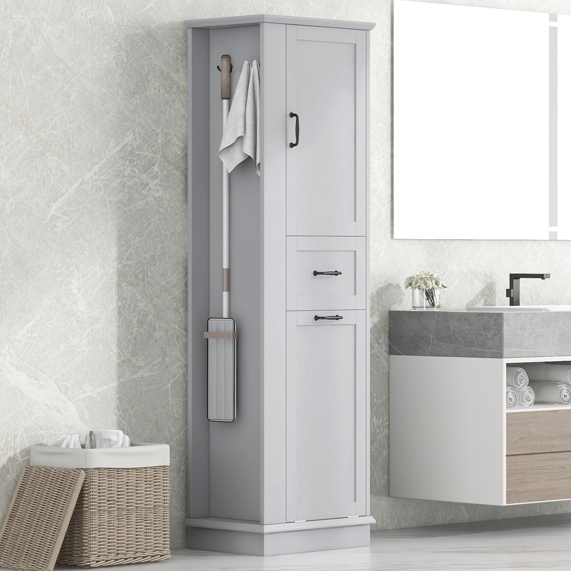 Euroco Tall Bathroom Storage Cabinet with Tilt-Out Hamper, Adjustable Shelves, Soft-Close Hinges, Side Hooks, Modern Slim Linen Tower Organizer