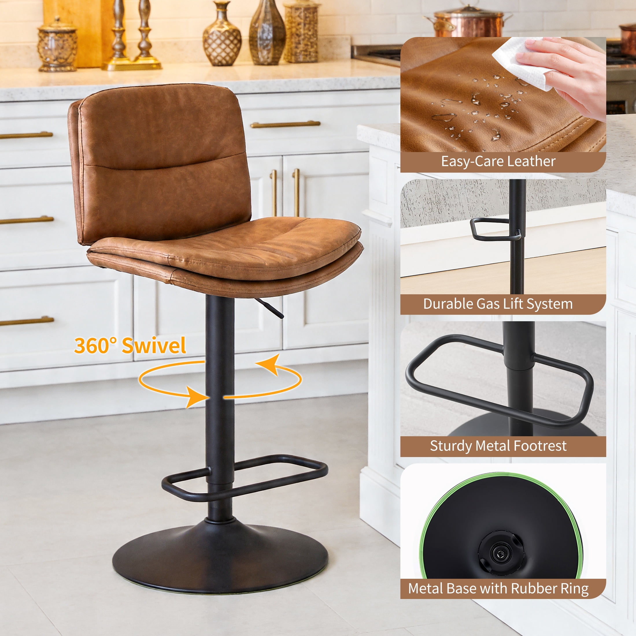 FIRAVOE Swivel Bar Stools Set of 3 (Double-Layer Upholstered) Adjustable Bar Stools (24"-32"), PU Leather Modern Barstools with Back for Bar, Kitchen, Dining Room, Brown