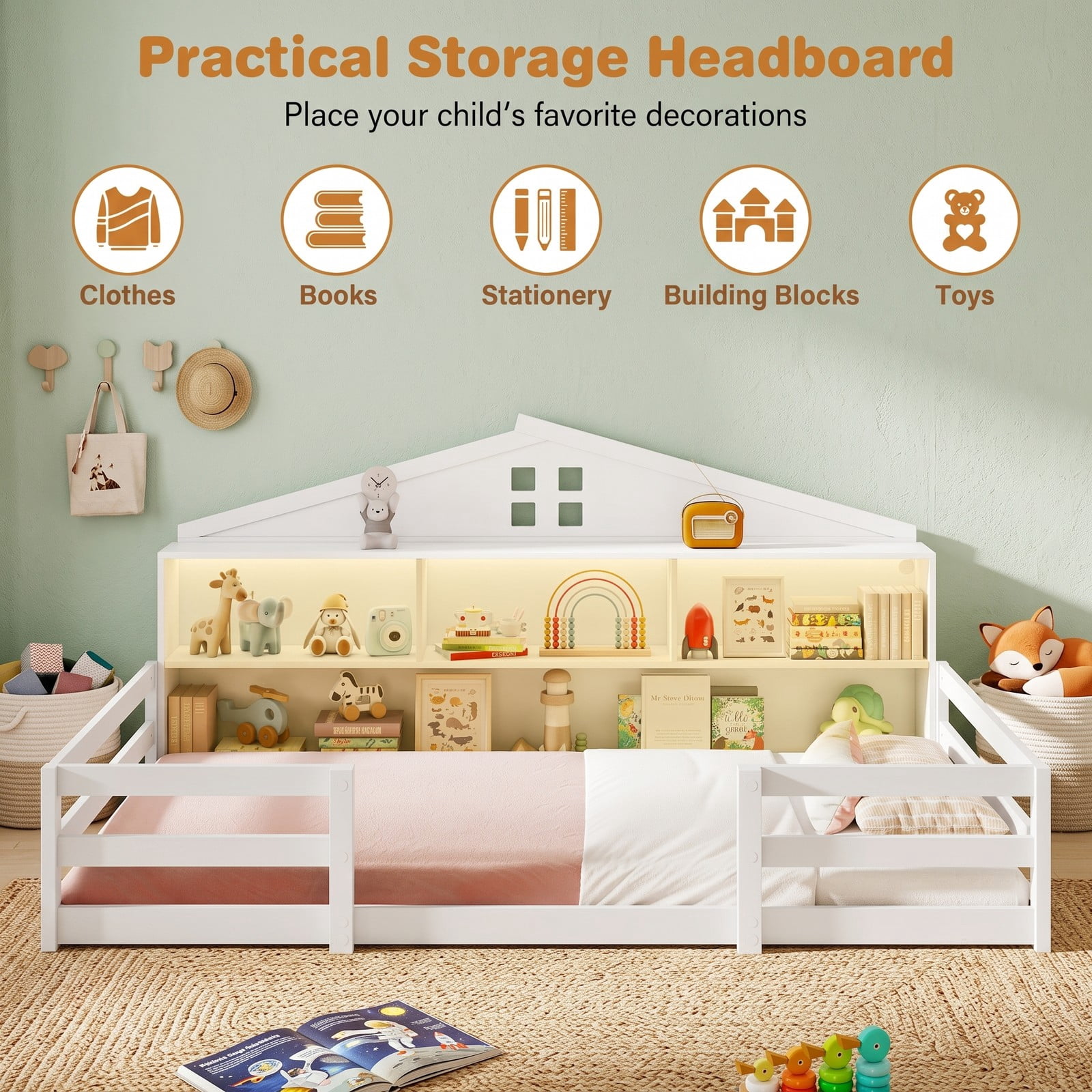 Furnibear Twin Bed Frame Montessori Floor Bed for Kids with House Headboard, Storage Compartments and Open Shelf, White