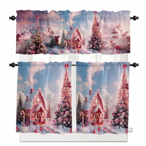 Christmas Kitchen Curtains and Valances Set, Pink House Candy Cane Snow Christmas Tree Bells Rod Pocket Window Valance Window Curtain Panels for Living Room Bedroom Laundry, 27.5x24in, 3 Pieces