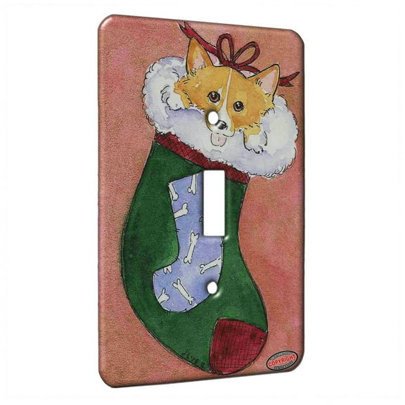 KuzmarK™ Single Gang Toggle Switch Wall Plate - Corgi Christmas Stocking JOY Set J Dog Art by Denise Every