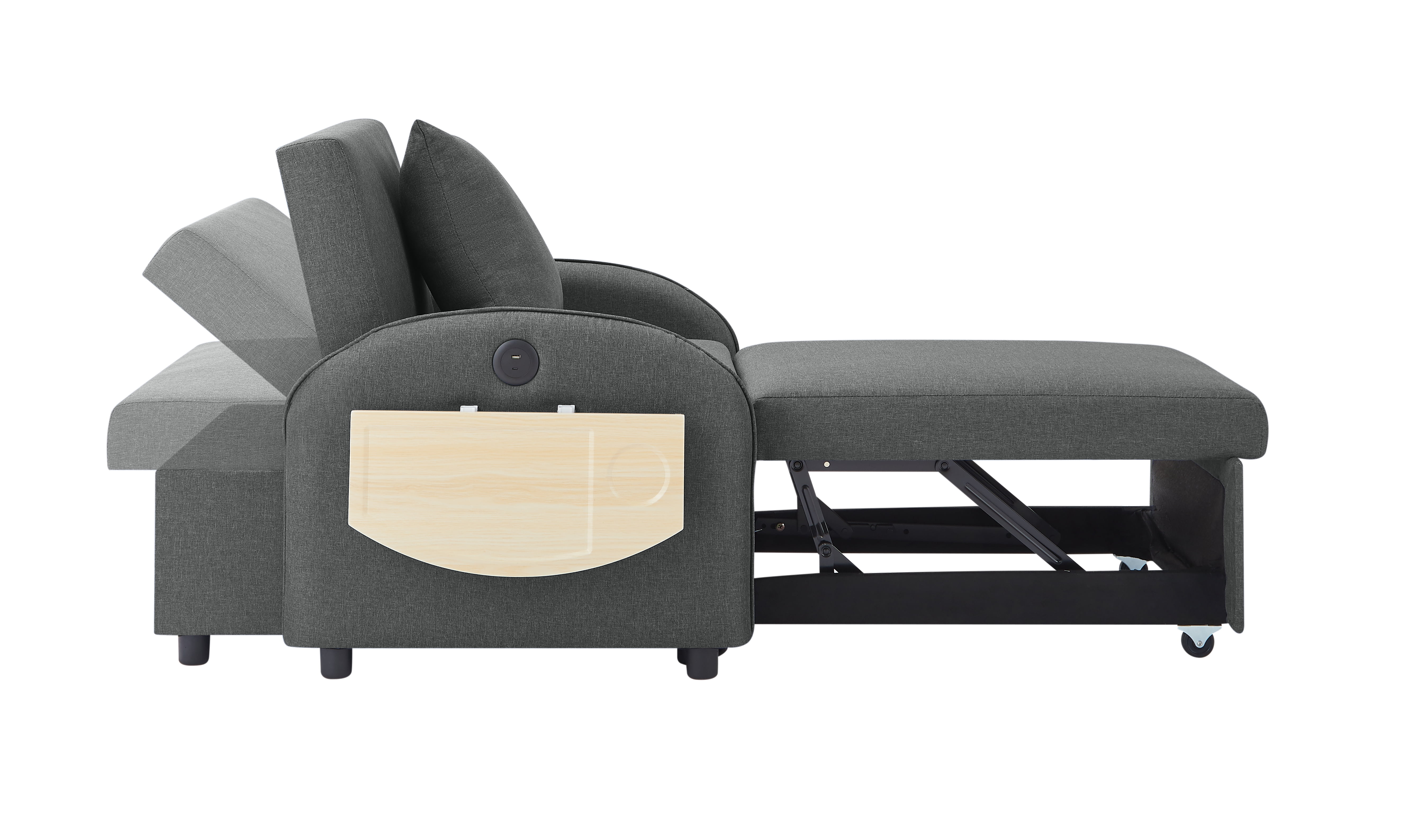 Leumius Convertible Sofa Chair Bed,3-in-1 Sleeper Sofa with Pull-Out Bed and USB Port,Foldable Table,Modern Linen Single Sofa Chair with Reclining Backrest for Living Room Small Space,Dark Gray