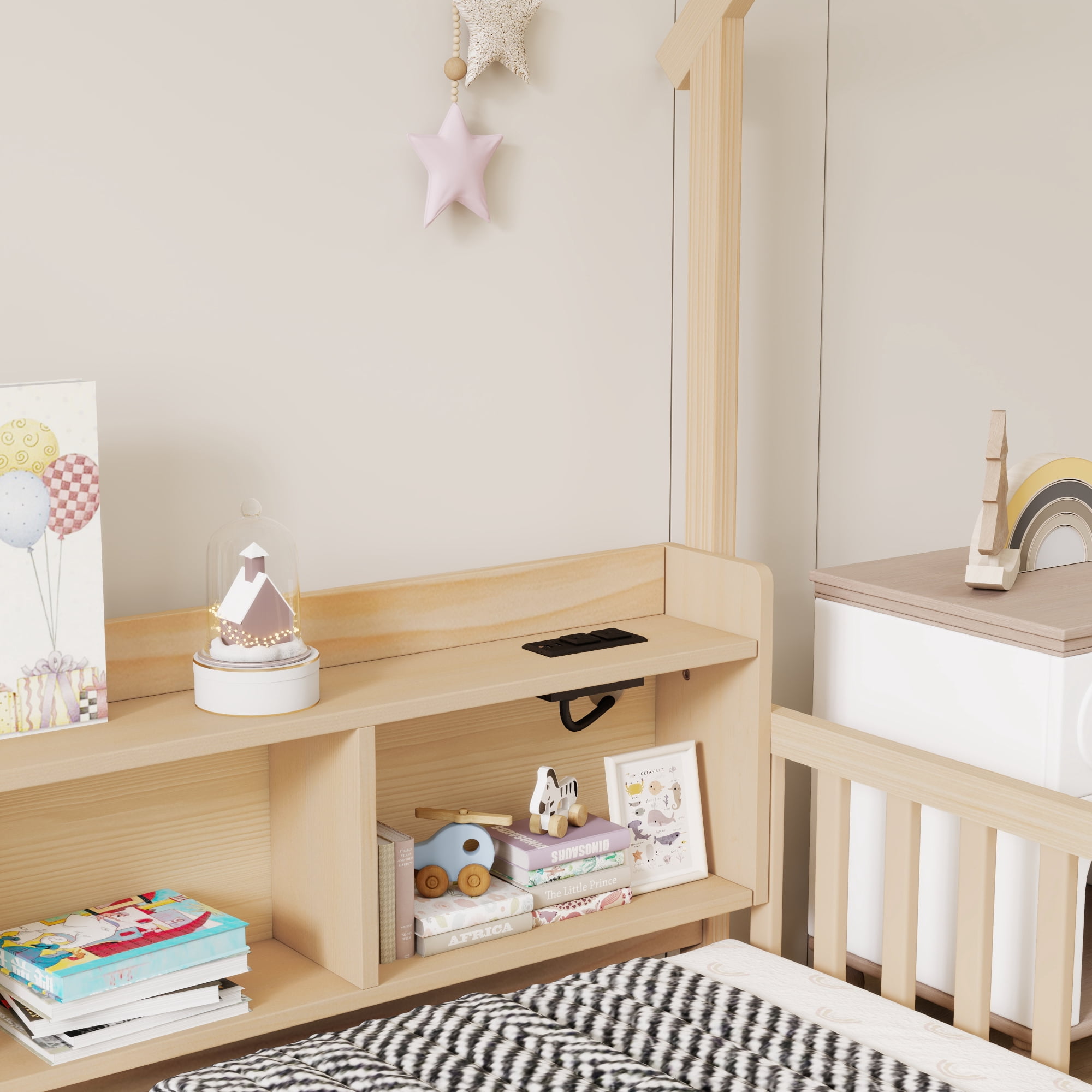 Leumius Full Size House Floor Bed with Storage Shelves,Built-in LED Lights & Charging Station,Pine Wood Floor Bed Frame with Safety Guardrails for Kids Bedroom Natural