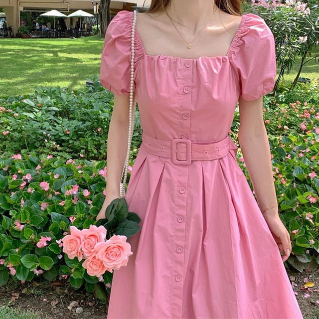 PIKADINGNIS Summer Pink Square Collar Long Dress Women Korean Style