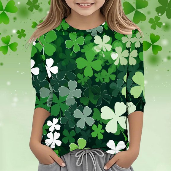 Toddler Girls 3/4 Sleeve Tee Shirts Graphic Round Neck Casual T Shirt Top Size 3-4T ,Green