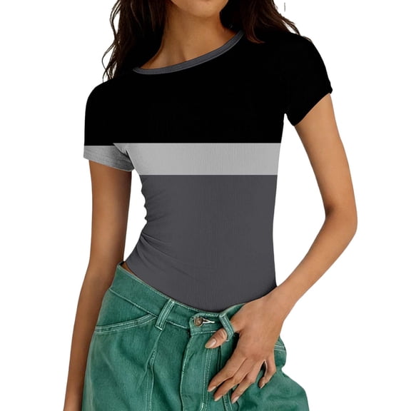 HongQid Womens' Stretchy Ribbed Round Neck Short Sleeve Gym Workout Slim Fitted Casual Cropped Top T-Shirt