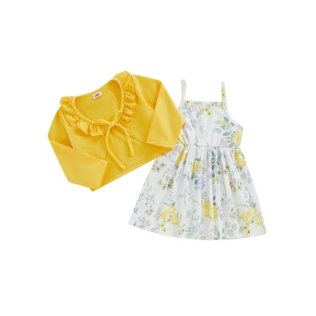 

aturustex Toddler Girl 2Pcs Summer Outfits Floral Print Cami Dress + Long Sleeve Tie-up Tops Set