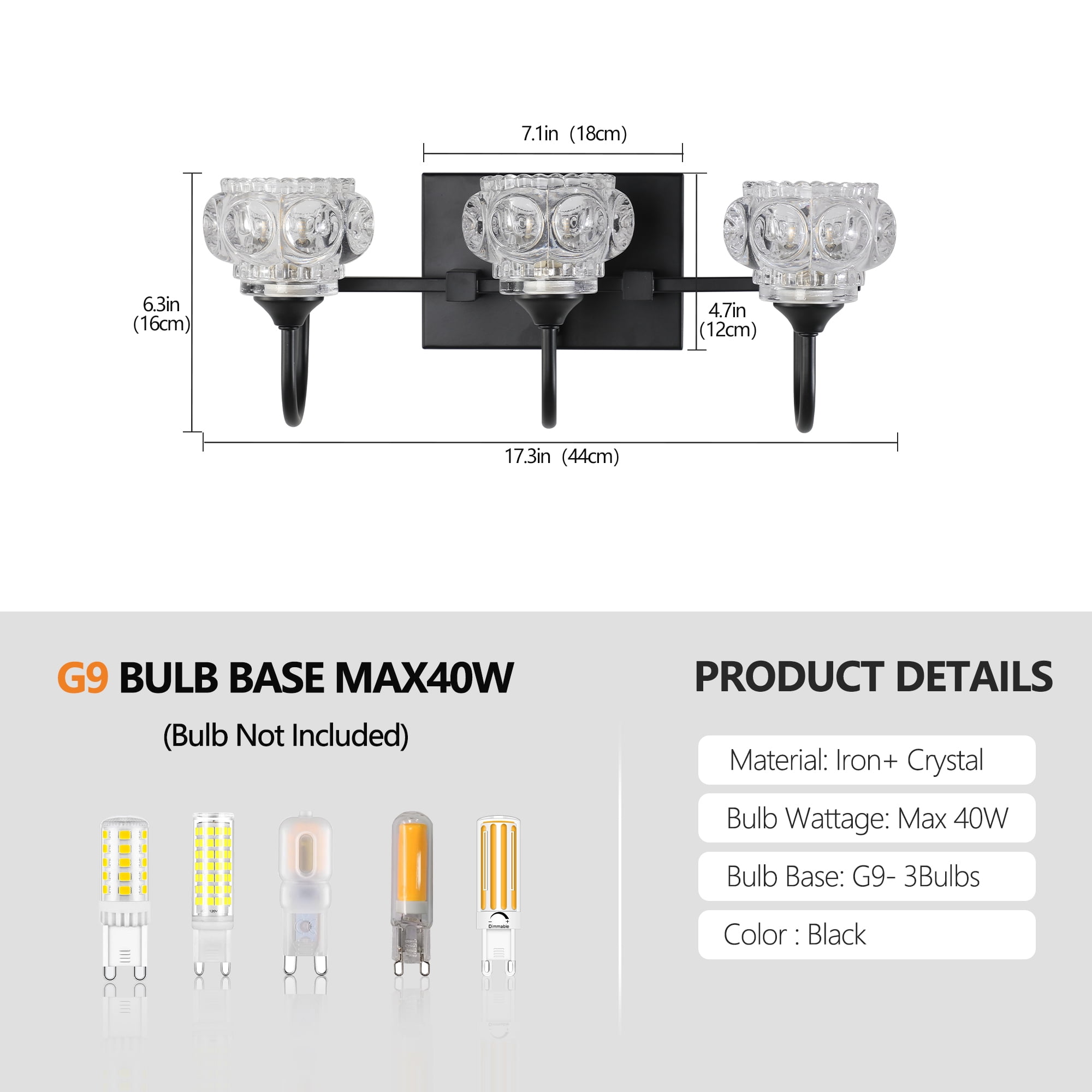 3-Light Bathroom Vanity Light, 17.3 Inch with Crystal Glass Shades, Dimmable, Matte Black Modern