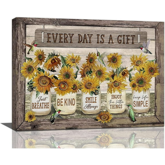 Farmhouse Sunflower Wall Art Rustic Sunflower Hummingbird Wall Art Country Flower Canvas Prints Painting Framed Modern Artwork for Home Living Room Bathroom Kitchen Bedroom Decoration