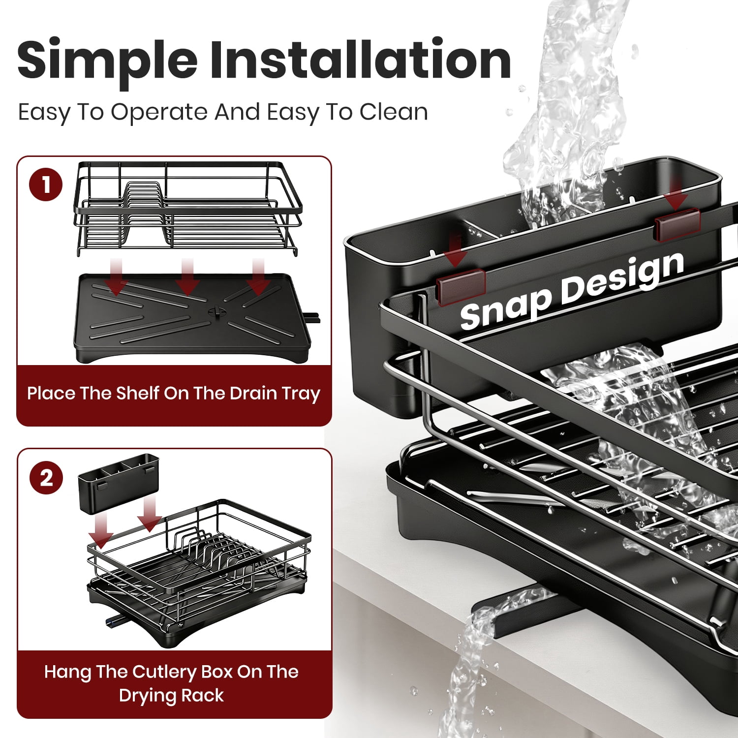 Armorget Dish Drying Rack, Kitchen Counter Dish Racks with Utersil Holder, with Adjustable Water Outlet, Dish Drainers (18.7L×12.01W×7.09H)in Black