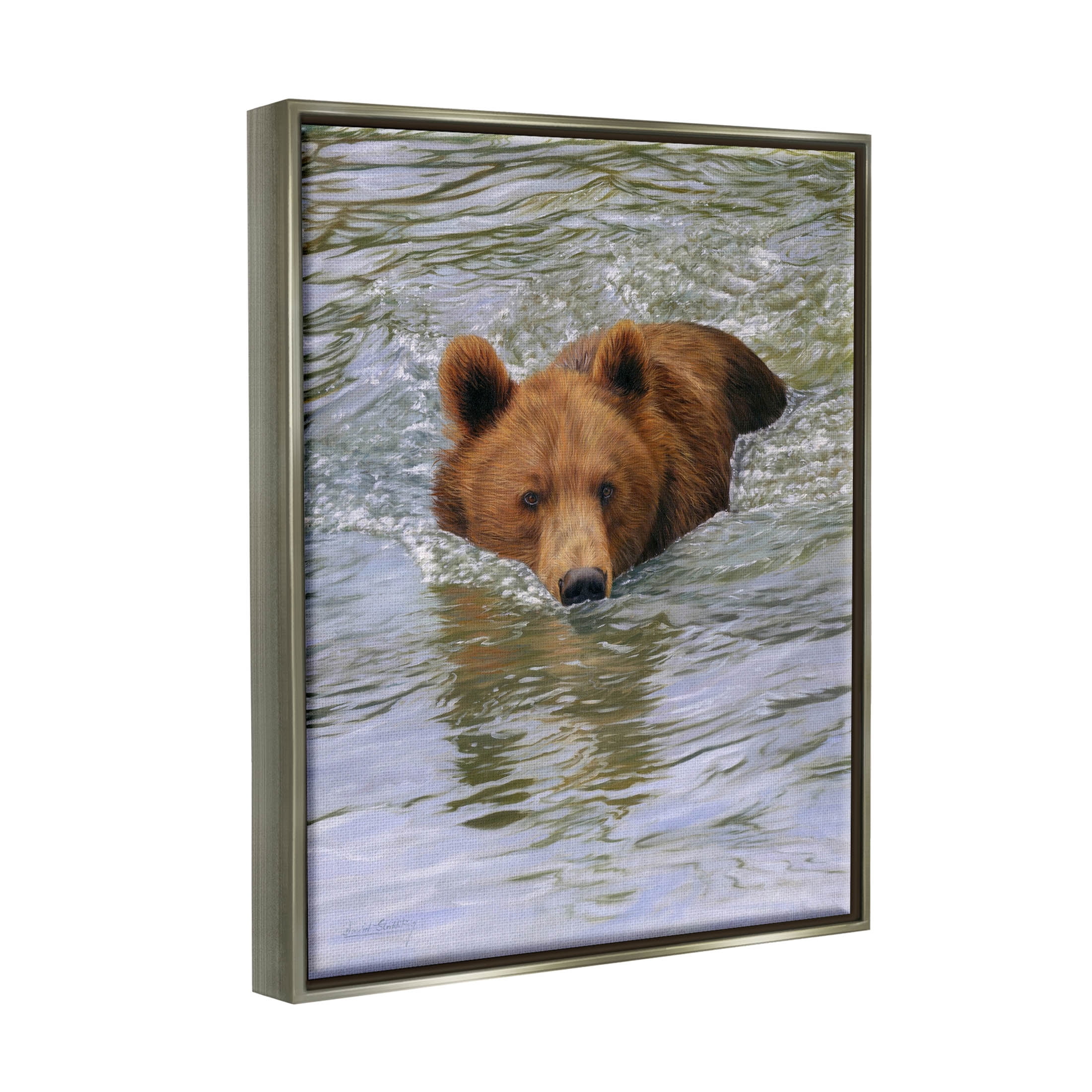 Brown Bear Lake Water Splash Animals & Insects Photograph Luster Gray Framed Art Print Wall Art