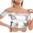 thumbnail image 2 of HOMBOM Off The Shoulder Shirts for Women Crop Shiny Blouse Summer Going out Party Boat Neck Young Womans Tops, 2 of 5