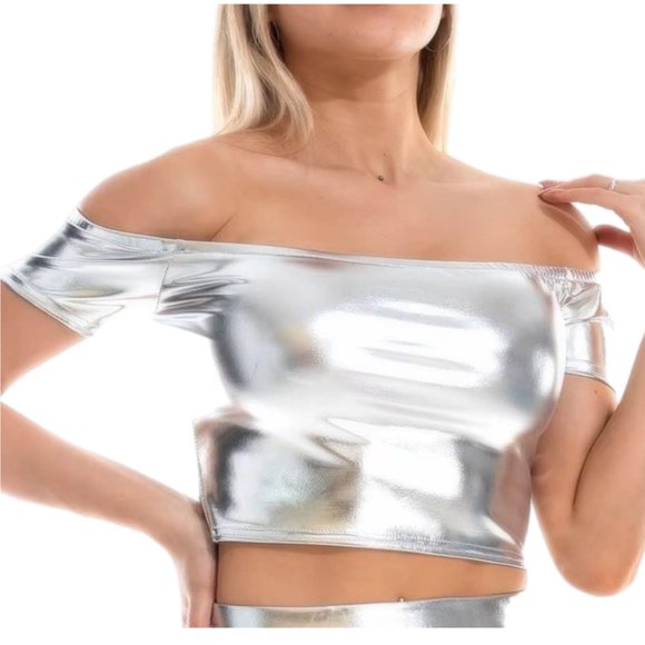 Ziynglg Crop Tops for Women off Shoulder Glitter Fashion Club Tops Holographic Party Crop Tops Slim Short Sleeve Tunic Tops
