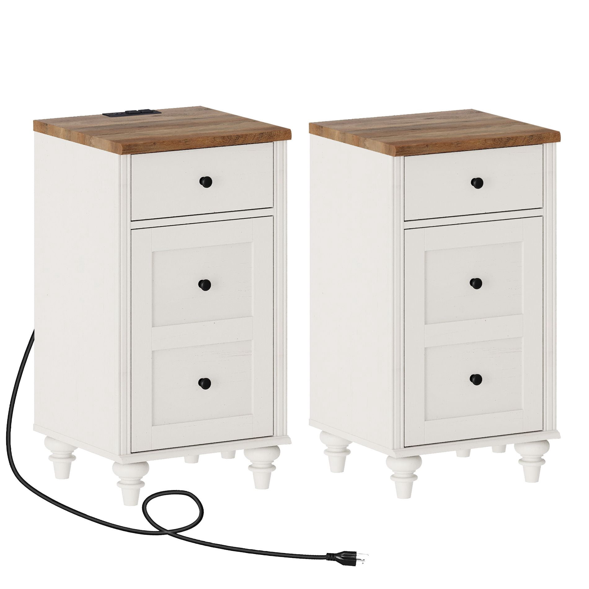 Set of 2 Farmhouse End Table with Charging Station, White Wood Side Table with Drawer & Storage Cabinet, Nightstand with Power Outlets & USB Ports for Living Room Bedroom