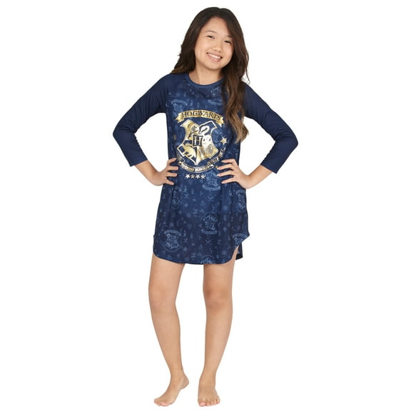 Harry Potter Girls' Hogwarts Castle Ravenclaw House Crest Raglan Long-Sleeve Nightgown Pajama