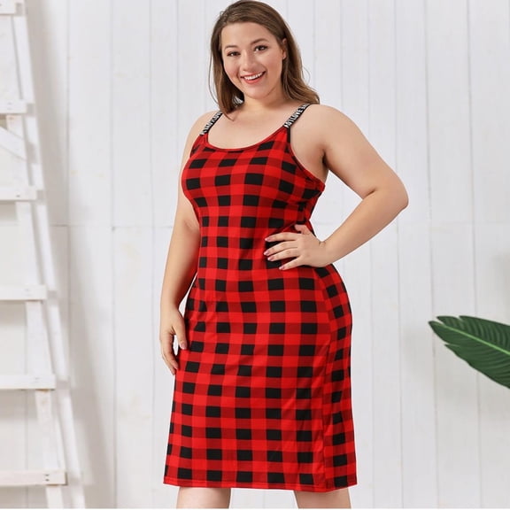 ebukurty Plus Size Women's Nightgown Cozy Sleeveless Red Plaid Pajamas for Women, Sizes 1XL-4XL