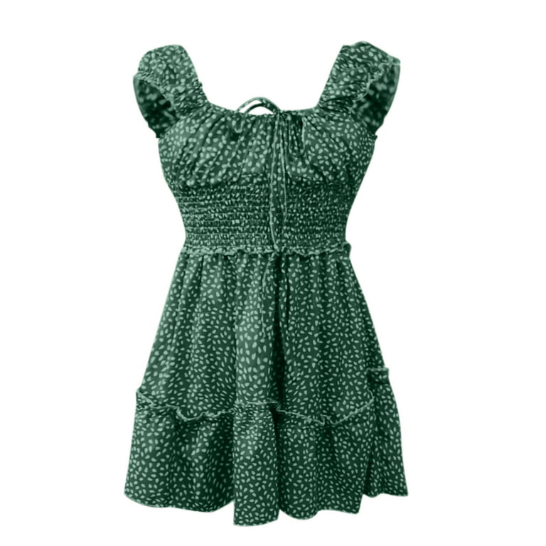 MRULIC dresses for women 2022 Women's Sexy Summer Pleated Sleeve Neckline  Print Dress Mini Dress Sundress Women's Casual Dress Mint Green + S