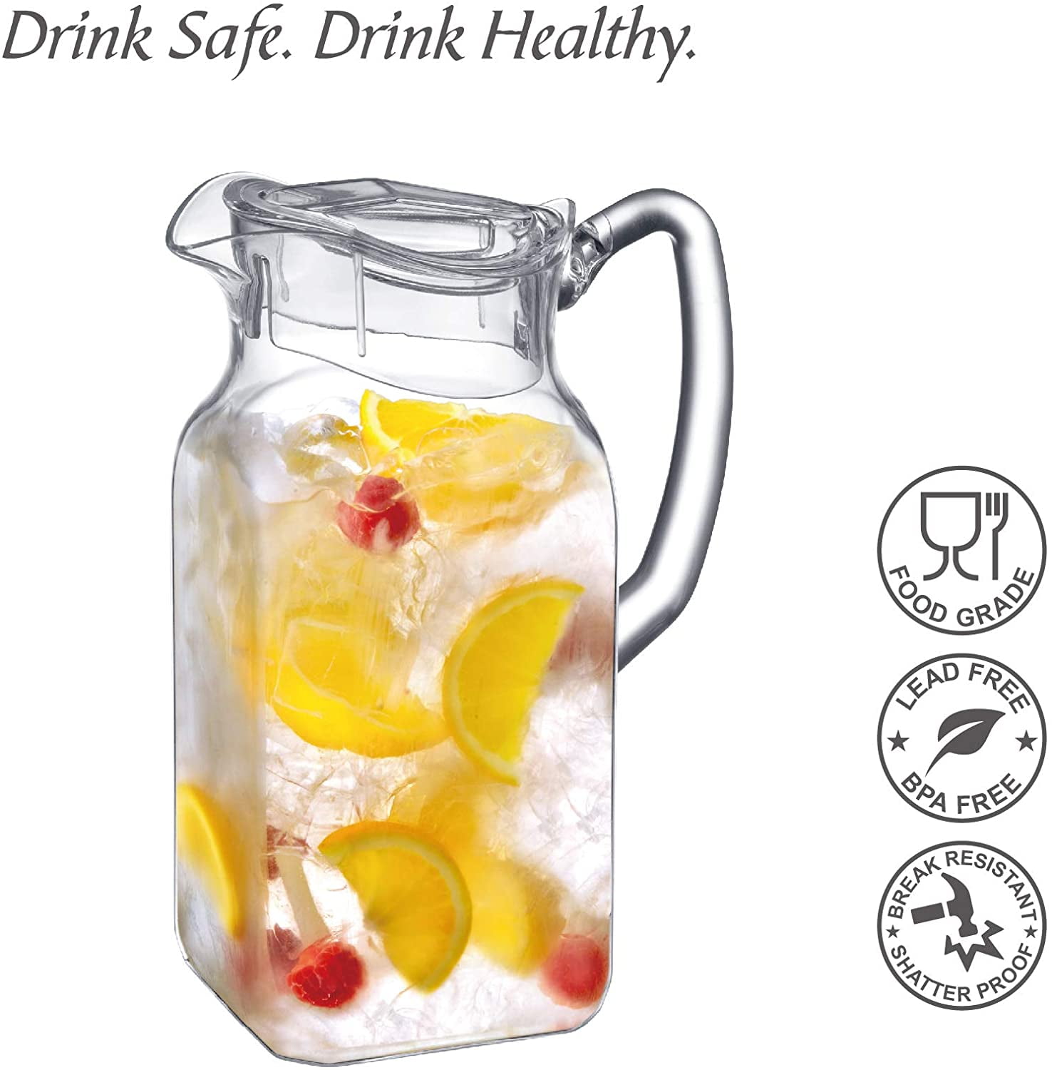 Amazing Abby - Quadly - Plastic Pitcher (64 oz, 2 Quart), Clear Water Pitcher with Lid, Fridge Jug, BPA-Free, Shatter-Proof, Great for Iced Tea, Sangria, Lemonade, Juice, Milk, and More