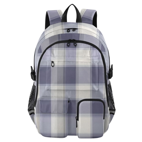 DIXRUYEE Purple Plaid Pattern Backpack for School 14”Laptop Compatible with Reflective Safety Strips