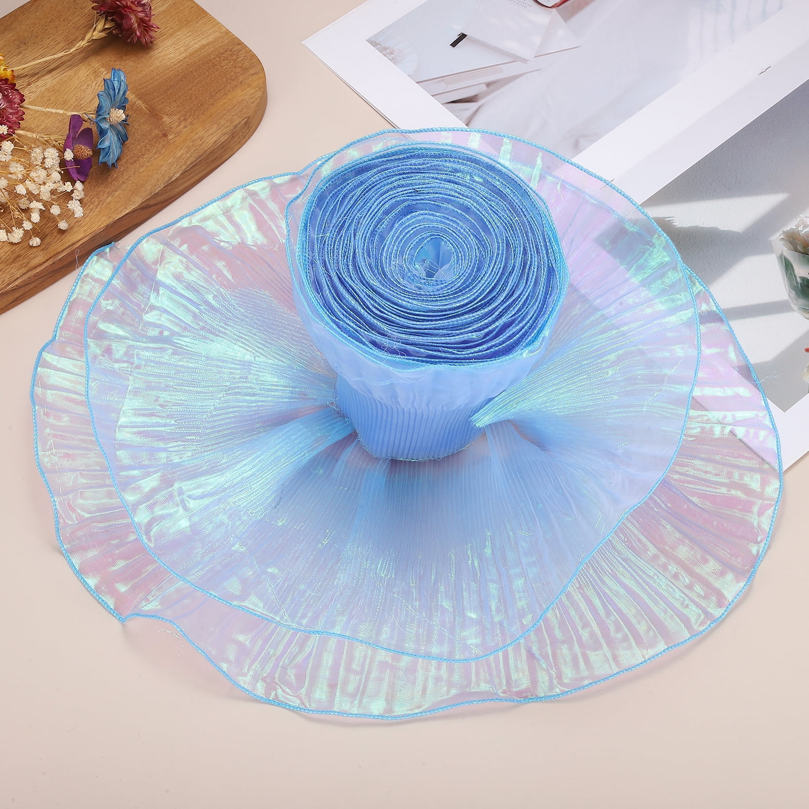 Ruffle Pleated Chiffon Trim, 25 Yards Retro Organza Fabric Trim Tulle Decorative Ruffle Lace Border for DIY Sewing Dress Bag Costume Trimming Craft Cake Decor, Sapphire Blue