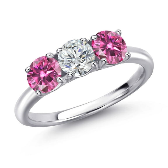 Gem Stone King 925 Sterling Silver Lab Grown Diamond and Pink Moissanite 3-Stone Engagement Ring for Women | 1.50 Cttw | Round 5MM | Gemstone April Birthstone (Size 5)