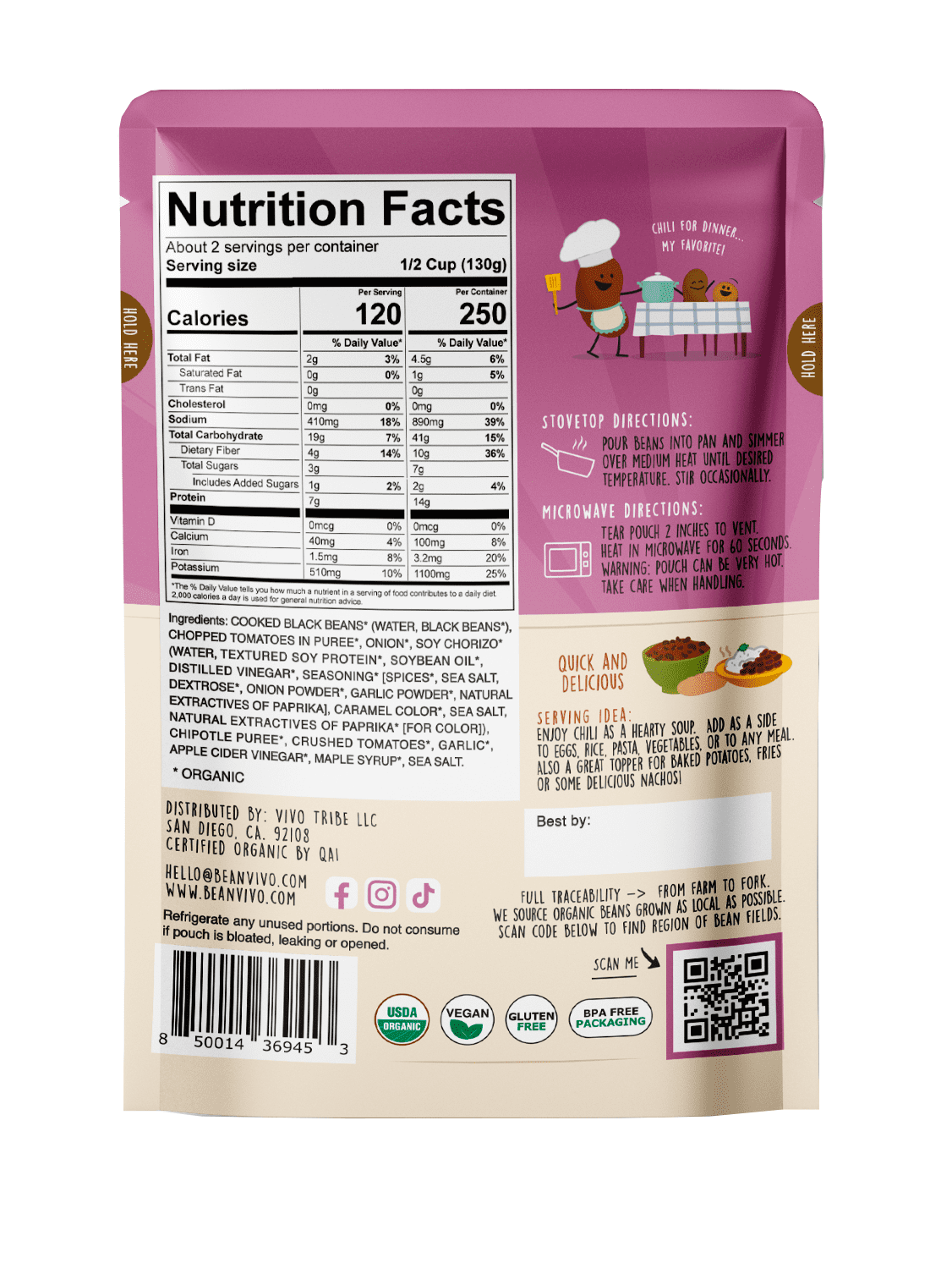 (3 pack) BeanVIVO Organic Black Bean Chipotle Chili, 10 oz. Pouch