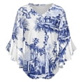 thumbnail image 5 of Blue Chinoiserie Toile Women's V-Neck Blouse With 3/4 Ruffled Bell Sleeves Casual Top Ladies Blouses, 5 of 7