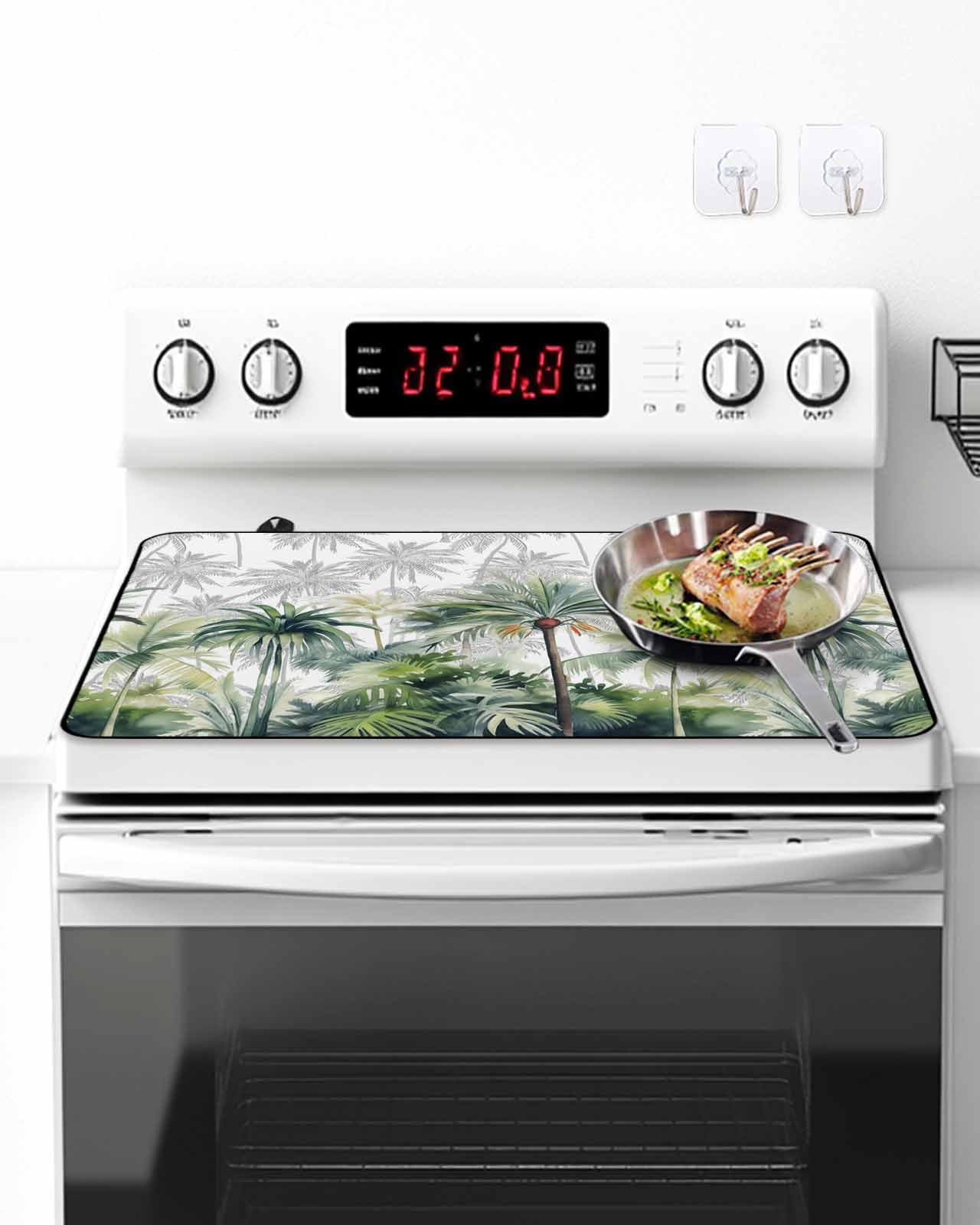 Stove Top Covers for Electric Stove, Summer Tropical Leaves Glass Stovetop Cover Protector, Green Botanical Palm Trees Induction Cooktop Protector Oven Mat for Kitchen Countertop 28.5"x20.5"