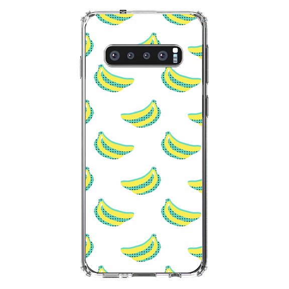 DistinctInk Clear Shockproof Hybrid Case for Samsung Galaxy S10  PLUS(6.4" Screen) - TPU Bumper, Acrylic Back, Tempered Glass Screen Protector - Summer Graphics - Banana Pattern - Yellow