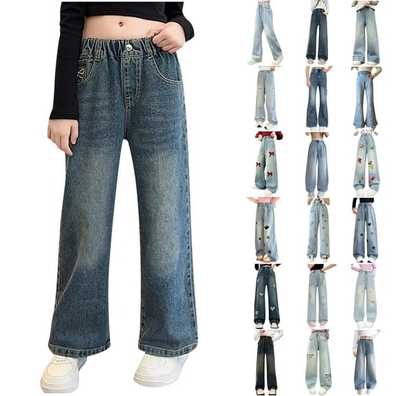 Juslio Girls Pants Cute Straight Leg Jeans Elastic Waist Multi Pocket Pants Sizes 5-15
