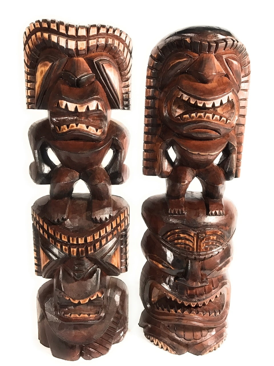 Set of 2 Tiki Statues 24" Hawaiian Hand Carved Sculptures