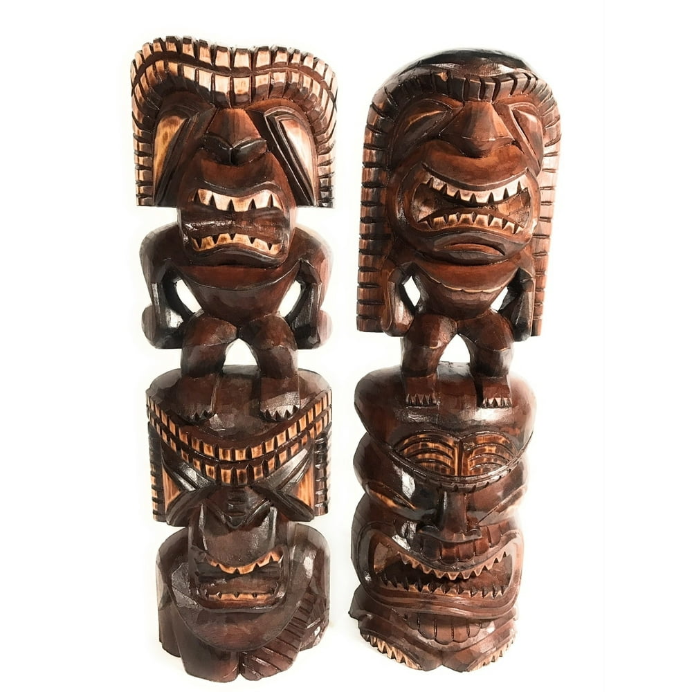 Set of 2 Tiki Statues 24" Hawaiian Hand Carved Sculptures