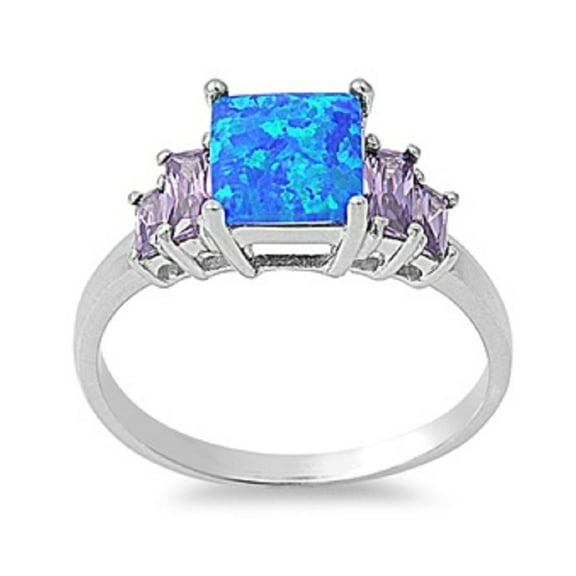 Princess Cut Center Simulated Amethyst Cubic Zirconia Blue Simulated Opal Ring Sterling Silver Size 5