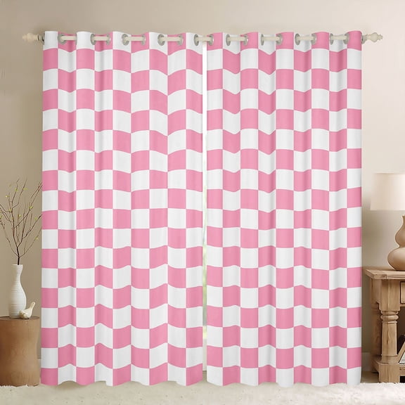 Homewish Geometric Plaid Black Out Curtains For Teens Boys Girls,Pink White Curtains Pack of 2 (42x63 Each),Vintage Aesthetic Bedroom Curtains,Super Cozy Room Decor