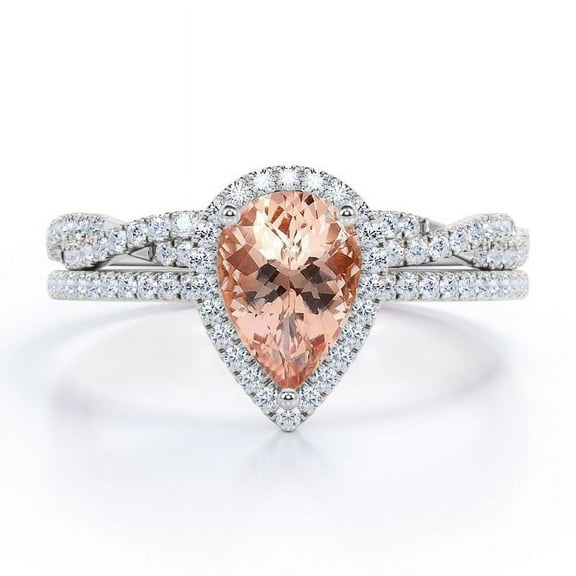 JeenMata Halo Pave Design - 1.5 Carat Teardrop Peach created morganite and Moissanite - Infinity Twisted Shank Wedding Ring Set - 18K White Gold Plating over Silver