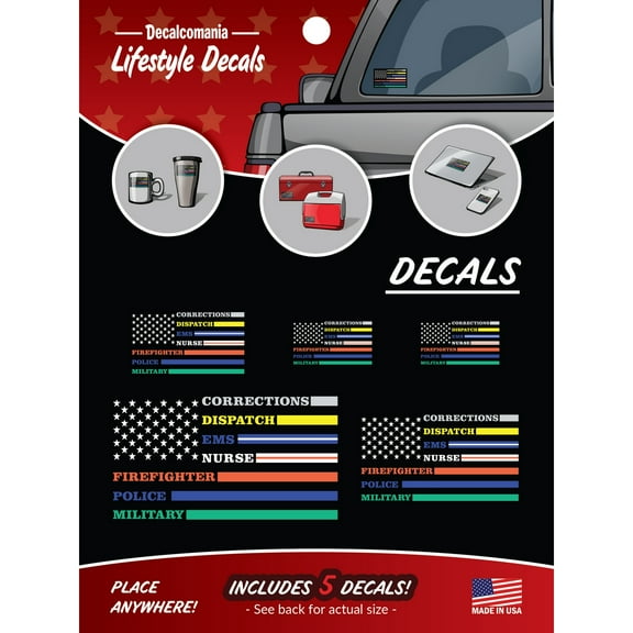 Multi-Color Thin Line Flag Decals Set of 5 Stickers - Corrections, Dispatch, EMS, Nurse, Firefighter, Police, Military - Gray Yellow Blue Red Green Thin Line Flag Stickers