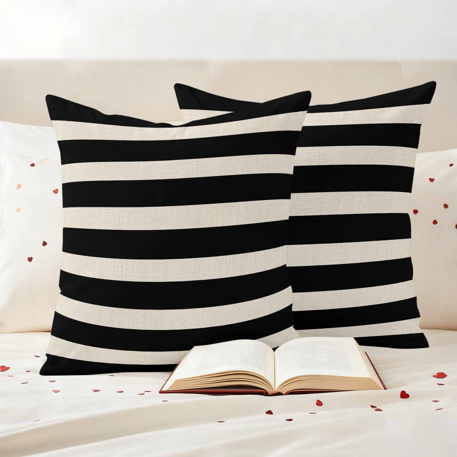 Black Beige Striped Outdoor Waterproof Pillow Covers, Vintage Geometric Line Simple Decorative Square Throw Pillowcase Sofa Cushion Sham for Patio/Couch/Chair, 16"x16" 2 Pack
